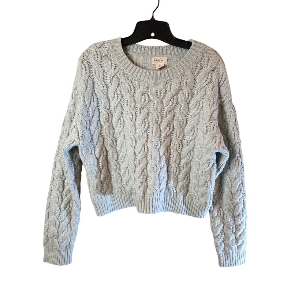 Jessica Simpson Cable Knit Cropped Sweater Women's Large Light Blue Crew Neck